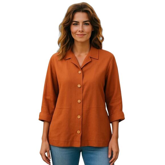 KY Creation Linen T Unique Orange Button Down Shirt Long Sleeve - Picture 1 of 12